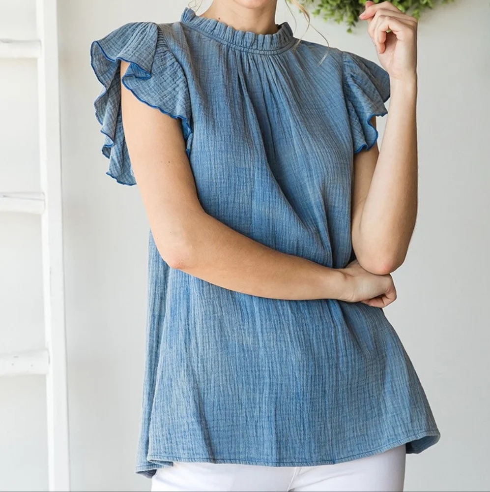 JODIFL Denim Blue Ruffle Sleeve - Picture 1 of 6